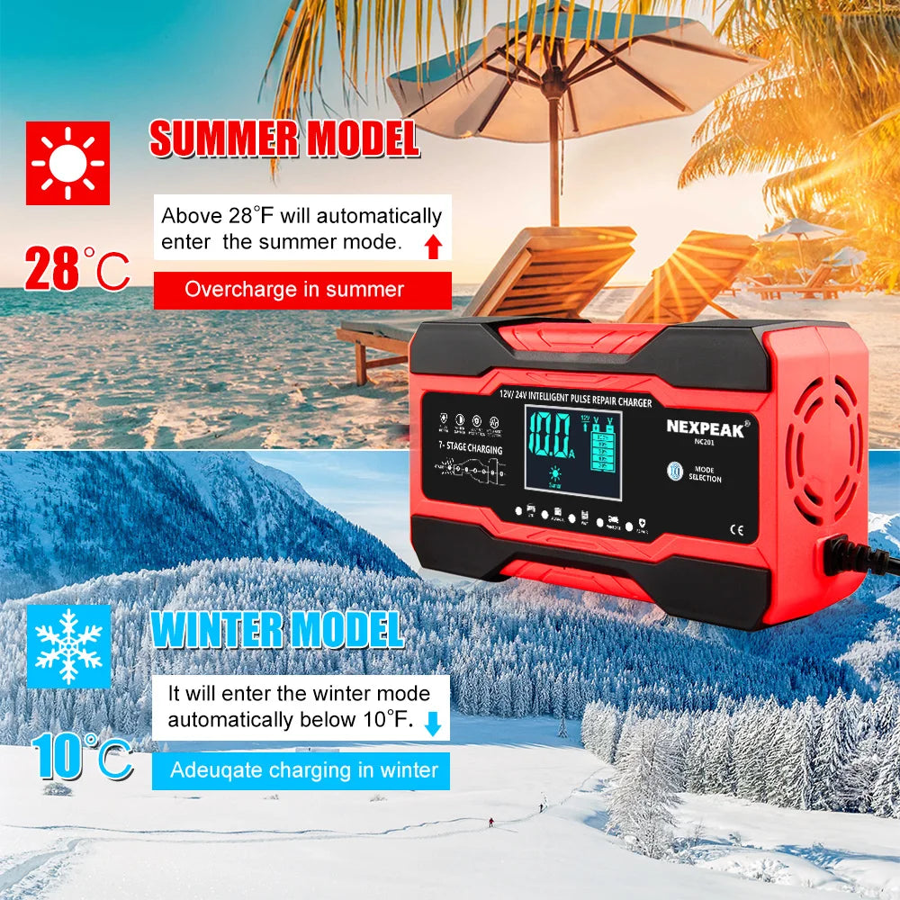 NC201 Car Battery Charger 12V 10A 24V 5A Fully Automatic Wet Dry Lead Acid Power Puls Repair Automobile Battery Chargers