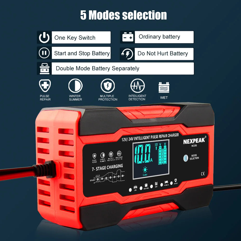 NC201 Car Battery Charger 12V 10A 24V 5A Fully Automatic Wet Dry Lead Acid Power Puls Repair Automobile Battery Chargers