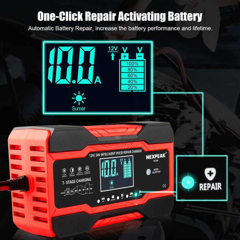 NC201 Car Battery Charger 12V 10A 24V 5A Fully Automatic Wet Dry Lead Acid Power Puls Repair Automobile Battery Chargers