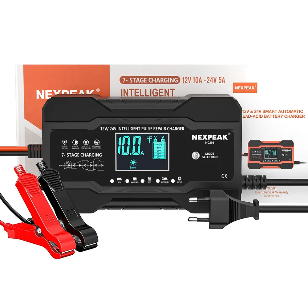 NC201 Car Battery Charger 12V 10A 24V 5A Fully Automatic Wet Dry Lead Acid Power Puls Repair Automobile Battery Chargers