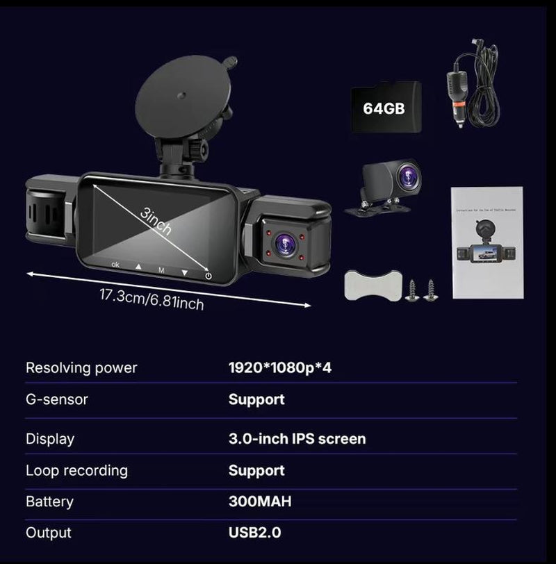 4 Channel Dash Cam with 360° Surround View Includes FREE OBD Cable for 24/7 Parking Monitor 4 Lens Front Rear inside Left Right Recording 4" Display, Built-In Wifi, 64GB Card Clear Night Vision, Hdr,Automotive Driving Recorder