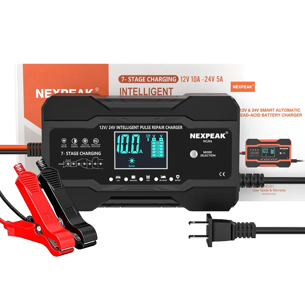 NC201 Car Battery Charger 12V 10A 24V 5A Fully Automatic Wet Dry Lead Acid Power Puls Repair Automobile Battery Chargers