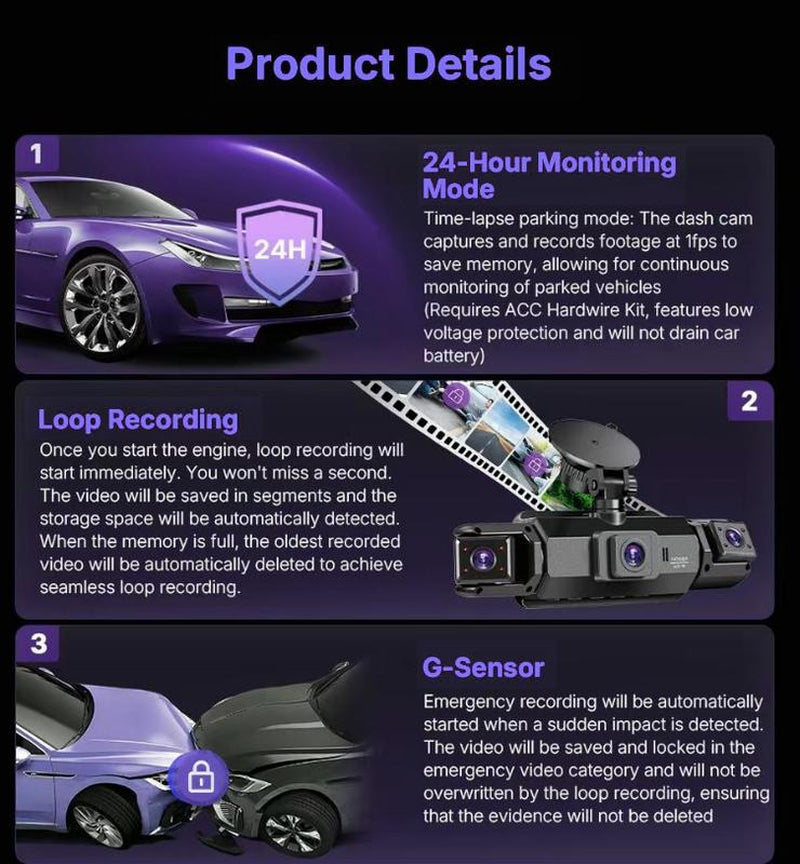 4 Channel Dash Cam with 360° Surround View Includes FREE OBD Cable for 24/7 Parking Monitor 4 Lens Front Rear inside Left Right Recording 4" Display, Built-In Wifi, 64GB Card Clear Night Vision, Hdr，Automotive Driving Recorder