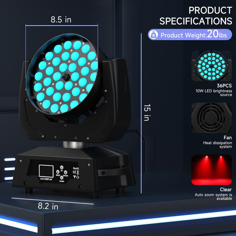 360W 36X10W RGBW 4 in 1 LED Zoom Moving Head Wash Stage Light DMX DJ Party Lighting