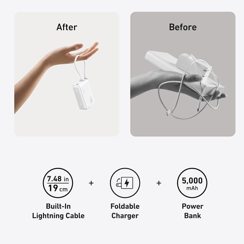 Anker 3-In-1 Power Bank 5,000Mah with Built-In Lightning Cable, Foldable AC Plug, 30W Max, Compatible with Iphone 14 Series, Ipad, Apple Airpods, and More