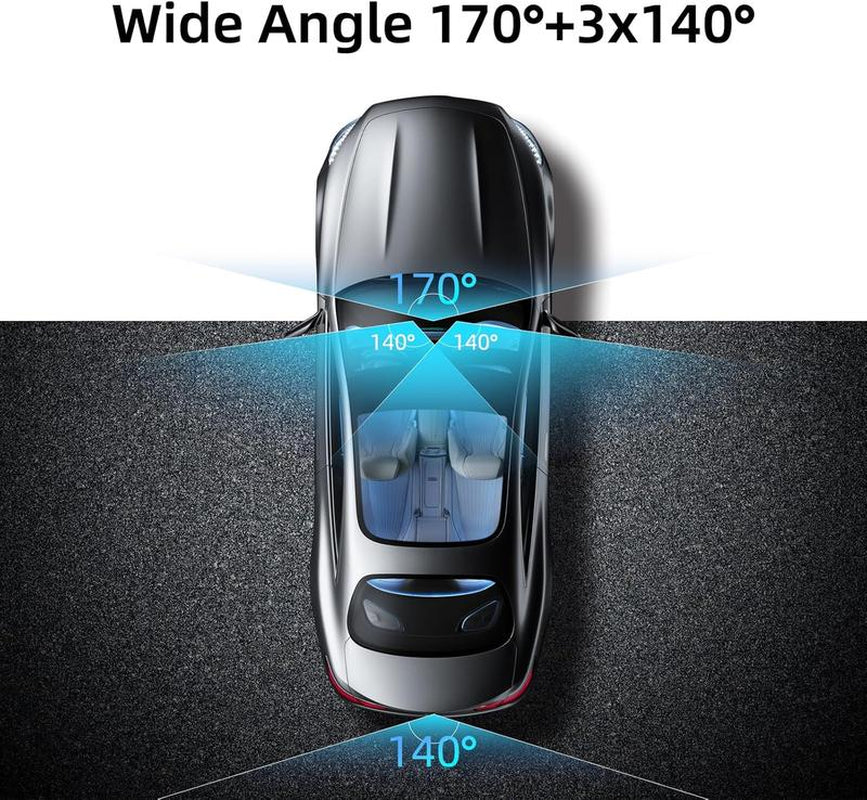 4 Channel Dash Cam with 360° Surround View Includes FREE OBD Cable for 24/7 Parking Monitor 4 Lens Front Rear inside Left Right Recording 4" Display, Built-In Wifi, 64GB Card Clear Night Vision, Hdr，Automotive Driving Recorder