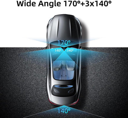 4 Channel Dash Cam with 360° Surround View Includes FREE OBD Cable for 24/7 Parking Monitor 4 Lens Front Rear inside Left Right Recording 4" Display, Built-In Wifi, 64GB Card Clear Night Vision, Hdr，Automotive Driving Recorder