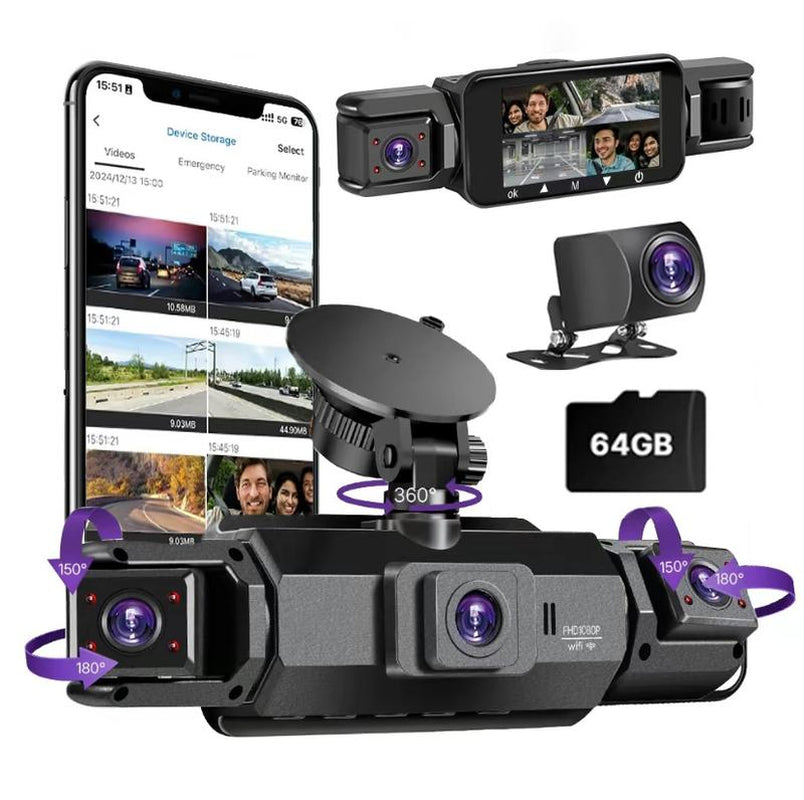 4 Channel Dash Cam with 360° Surround View Includes FREE OBD Cable for 24/7 Parking Monitor 4 Lens Front Rear inside Left Right Recording 4" Display, Built-In Wifi, 64GB Card Clear Night Vision, Hdr，Automotive Driving Recorder