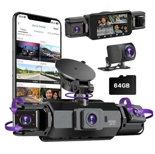 4 Channel Dash Cam with 360° Surround View Includes FREE OBD Cable for 24/7 Parking Monitor 4 Lens Front Rear inside Left Right Recording 4" Display, Built-In Wifi, 64GB Card Clear Night Vision, Hdr，Automotive Driving Recorder